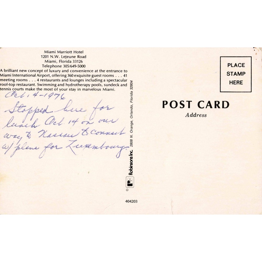 Vintage Miami Marriott Hotel Postcard LeJeune Road Florida 1976 Chrome VG - Picture 2 of 2